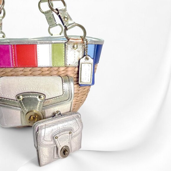 Vintage COACH Legacy Multicolor Straw Basket and gold Turnlock Wallet Set - Picture 3 of 14